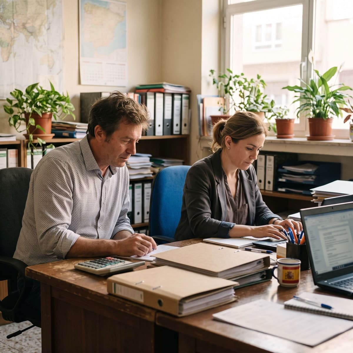 Dos personas trabajan en una asesoría: él anota algo junto a una calculadora y ella escribe en su portátil, rodeados de carpetas de archivo y plantas