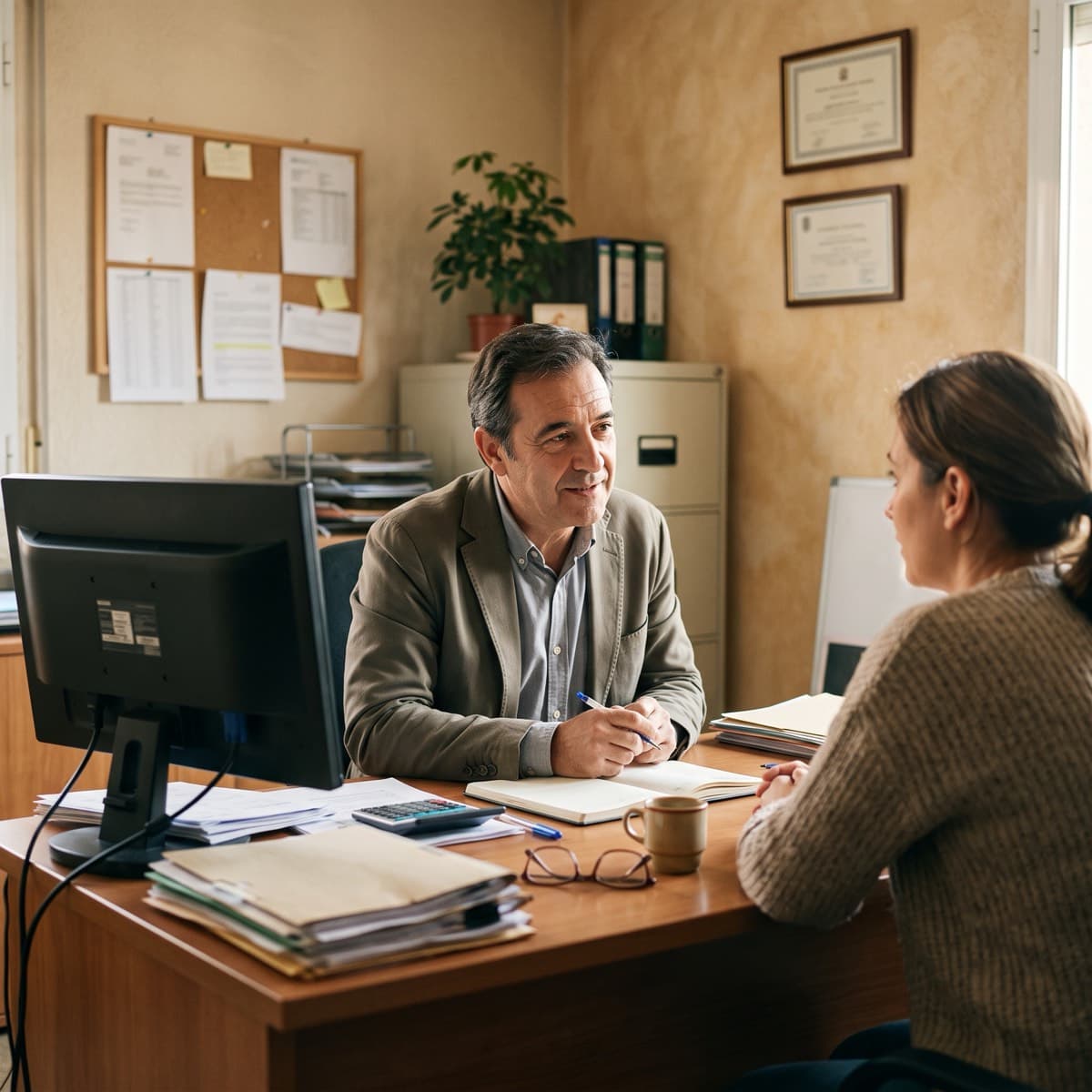Un asesor de una correduría de seguros conversa con una clienta al otro lado de la mesa en una oficina pequeña