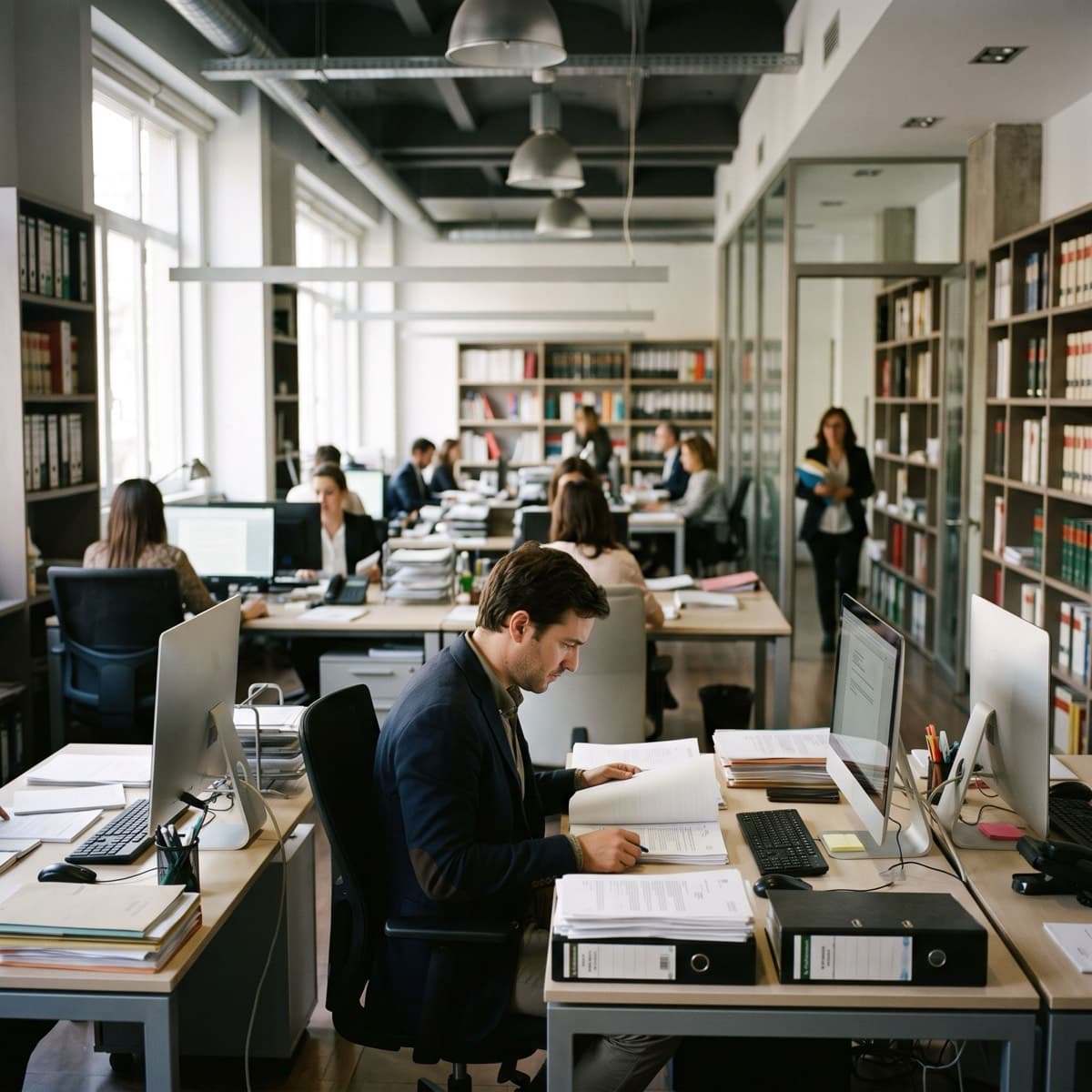 Oficina de un despacho de abogados: varias personas trabajan en sus mesas con ordenadores, carpetas y expedientes, con estanterías llenas de libros jurídicos al fondo
